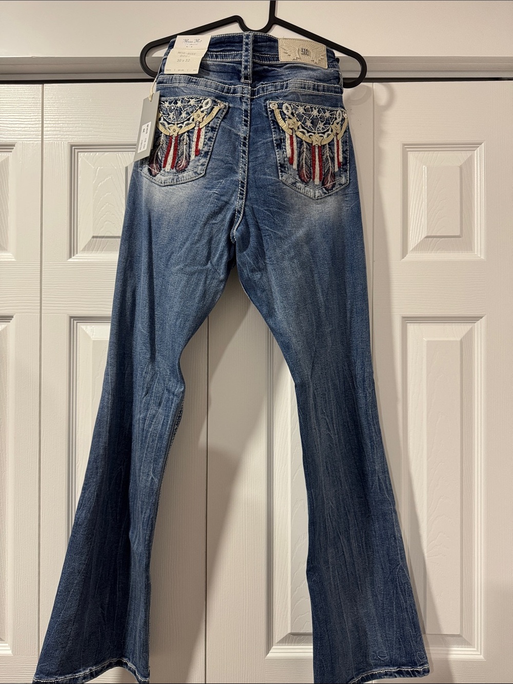 Miss Me Blue Boot Cut Jeans with Red & White Flag Embroidery - Picture 4 of 5